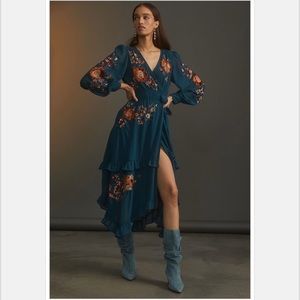 Anthropologie Beaded Wrap Midi Dress Size 14 Turquoise Blue w/ velvet appliqués